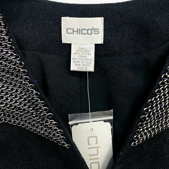 Chico's Chained Galloway Jacket Womens Size 3 Lined Black 3/4 Linen Blend Career - Picture 4 of 10